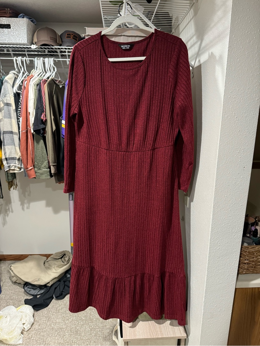 Ribbed Knit Long Sleeve Burgundy Dress